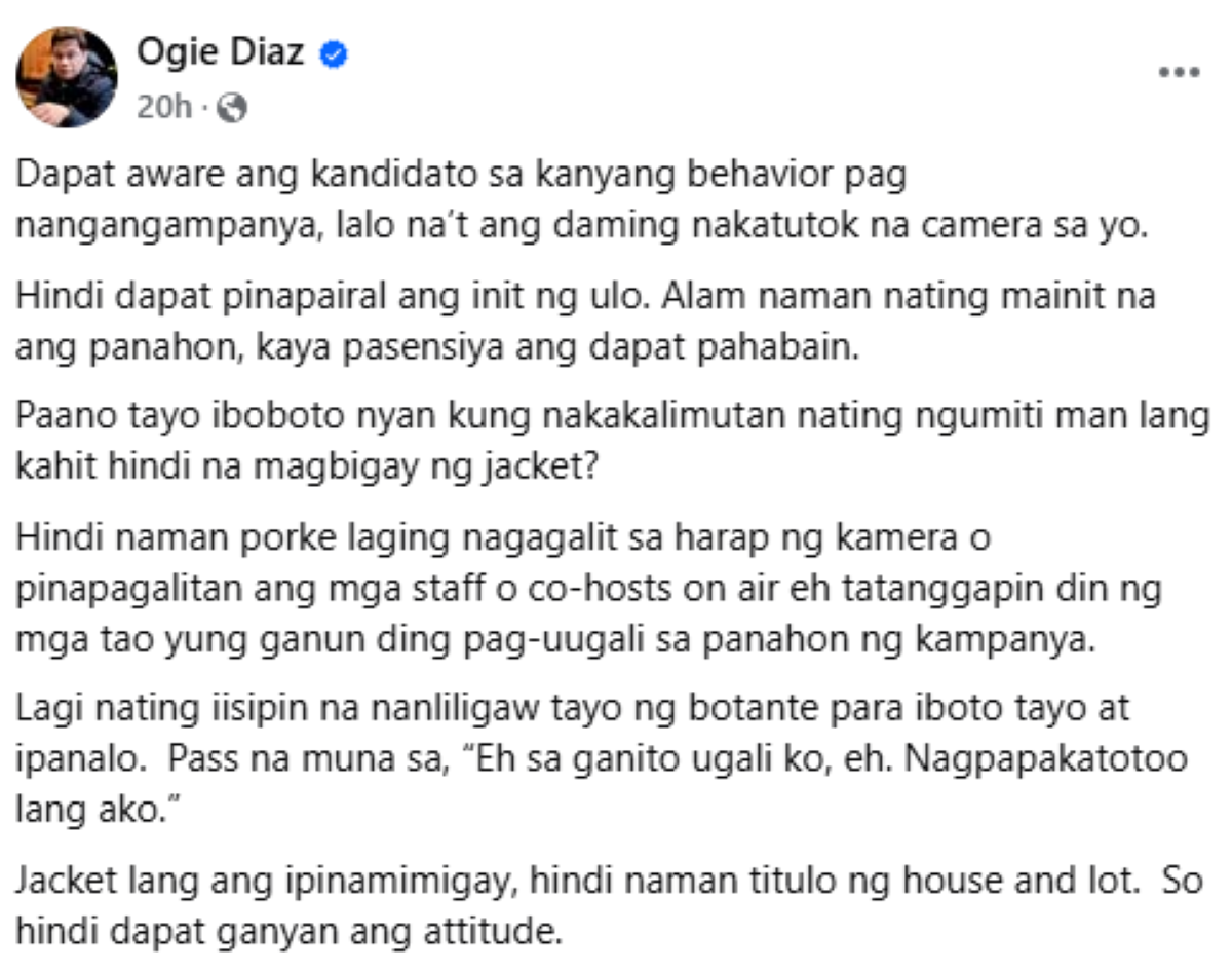 Photo courtesy: Screenshot from Ogie Diaz (FB)
