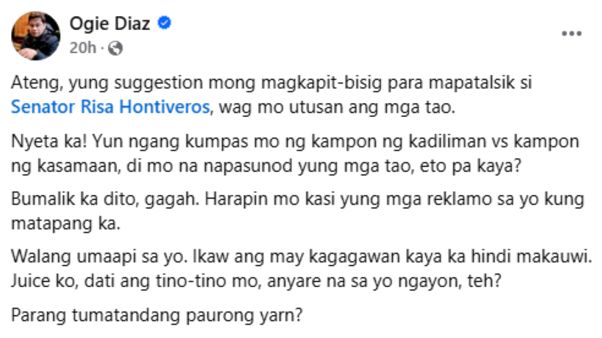 Photo courtesy: Screenshot from Ogie Diaz (FB)