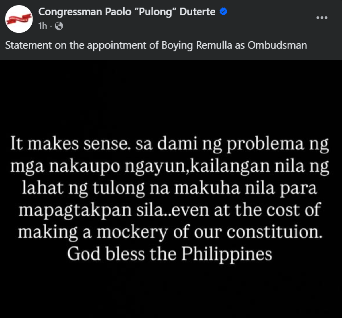Photo courtesy: Congressman Paolo “Pulong” Duterte (FB)