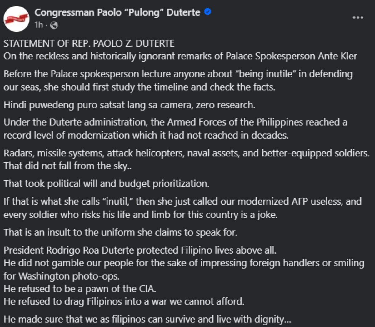 Photo courtesy: Congressman Paolo “Pulong” Duterte (FB)