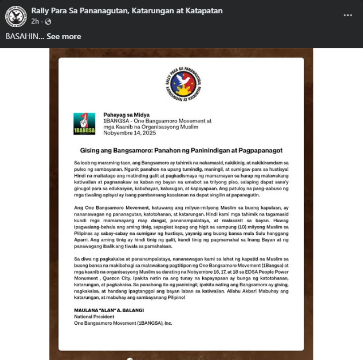 Photo courtesy: Rally Para Sa Pananagutan, Katarungan at Katapatan (FB)