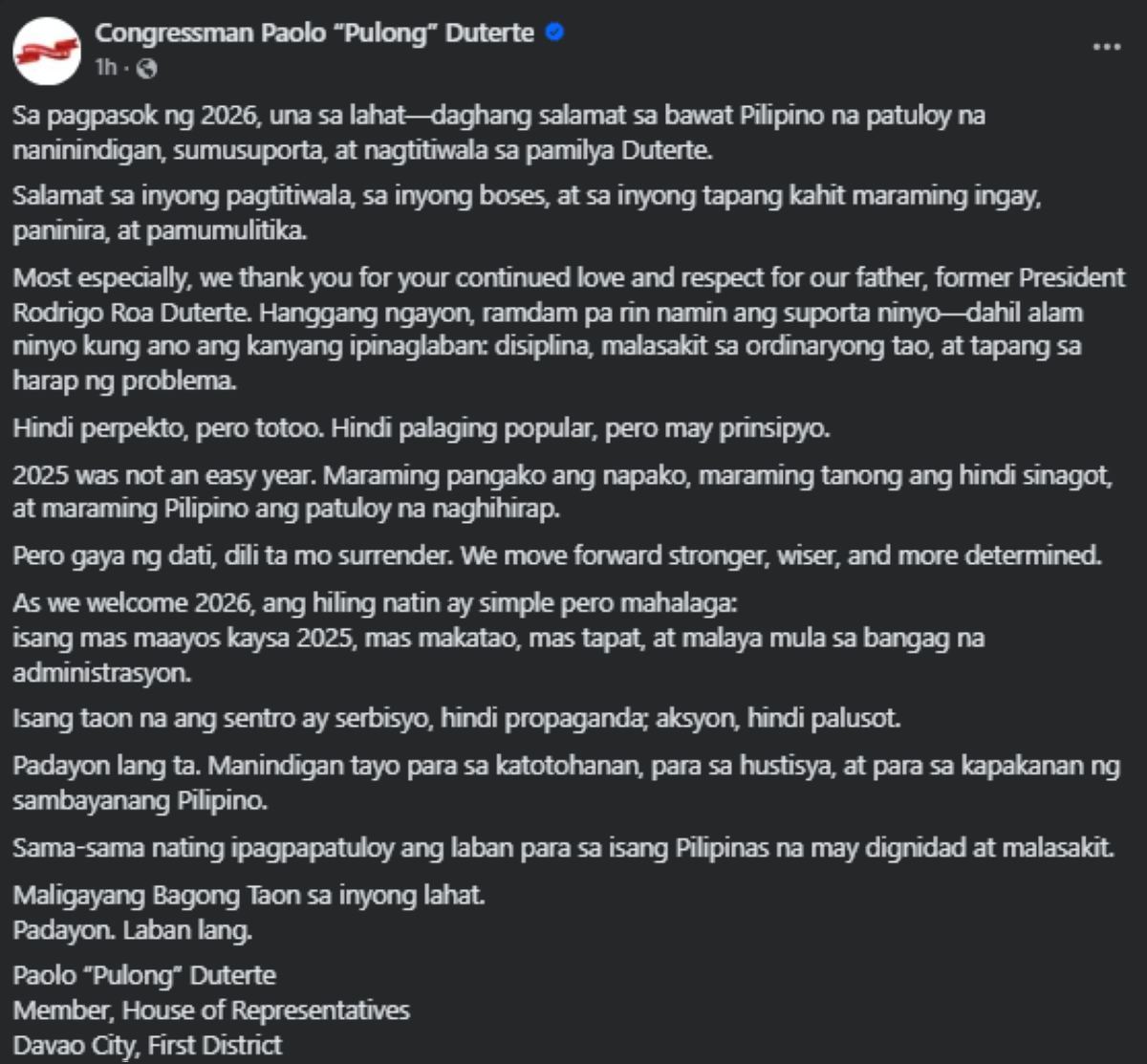 Photo courtesy: Congressman Paolo “Pulong” Duterte