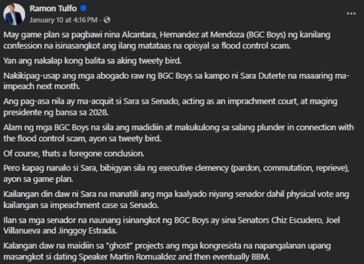 Screenshot mula sa post ni Tulfo sa FB