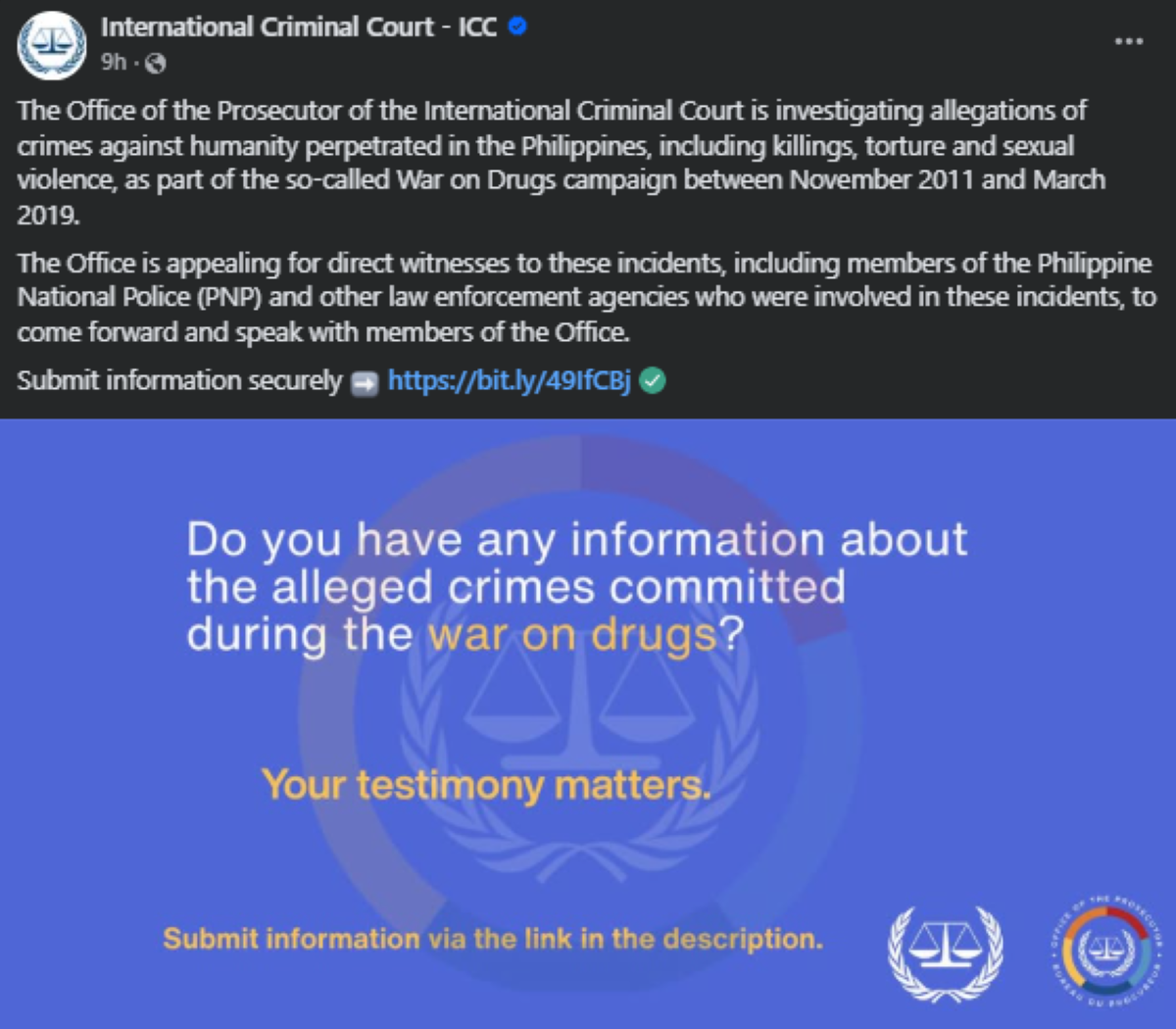 Screenshot mula sa post ng ICC sa Facebook