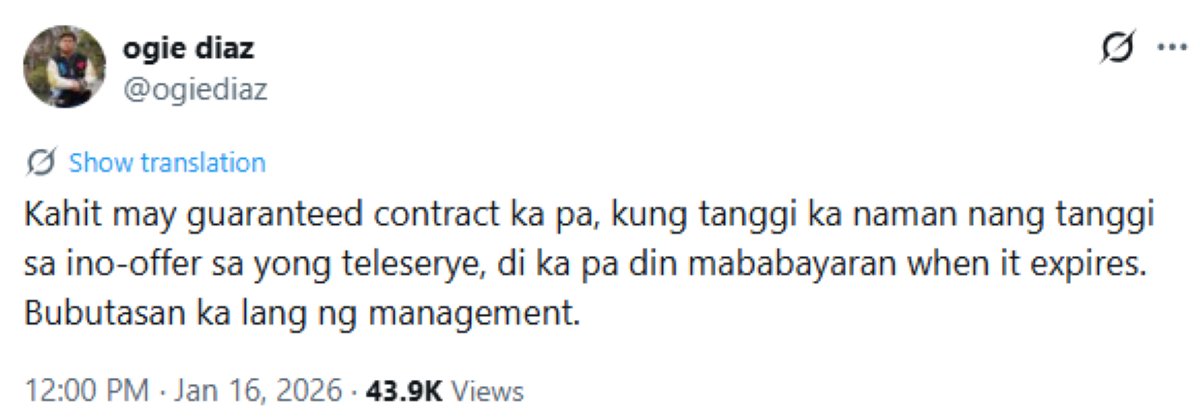 Screenshot mula sa post ni Ogie sa X. 