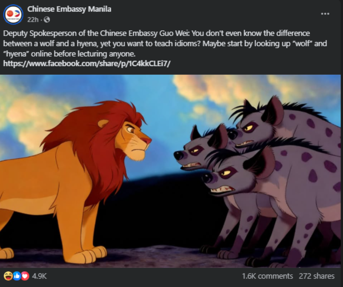 Screenshot mula sa FB post ng Chinese Embassy. 