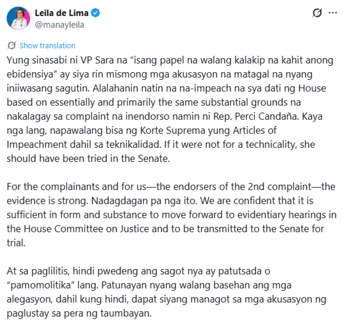 Photo courtesy: Leila de Lima (X)