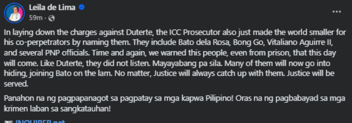 Screenshot mula sa FB post ni De Lima. 