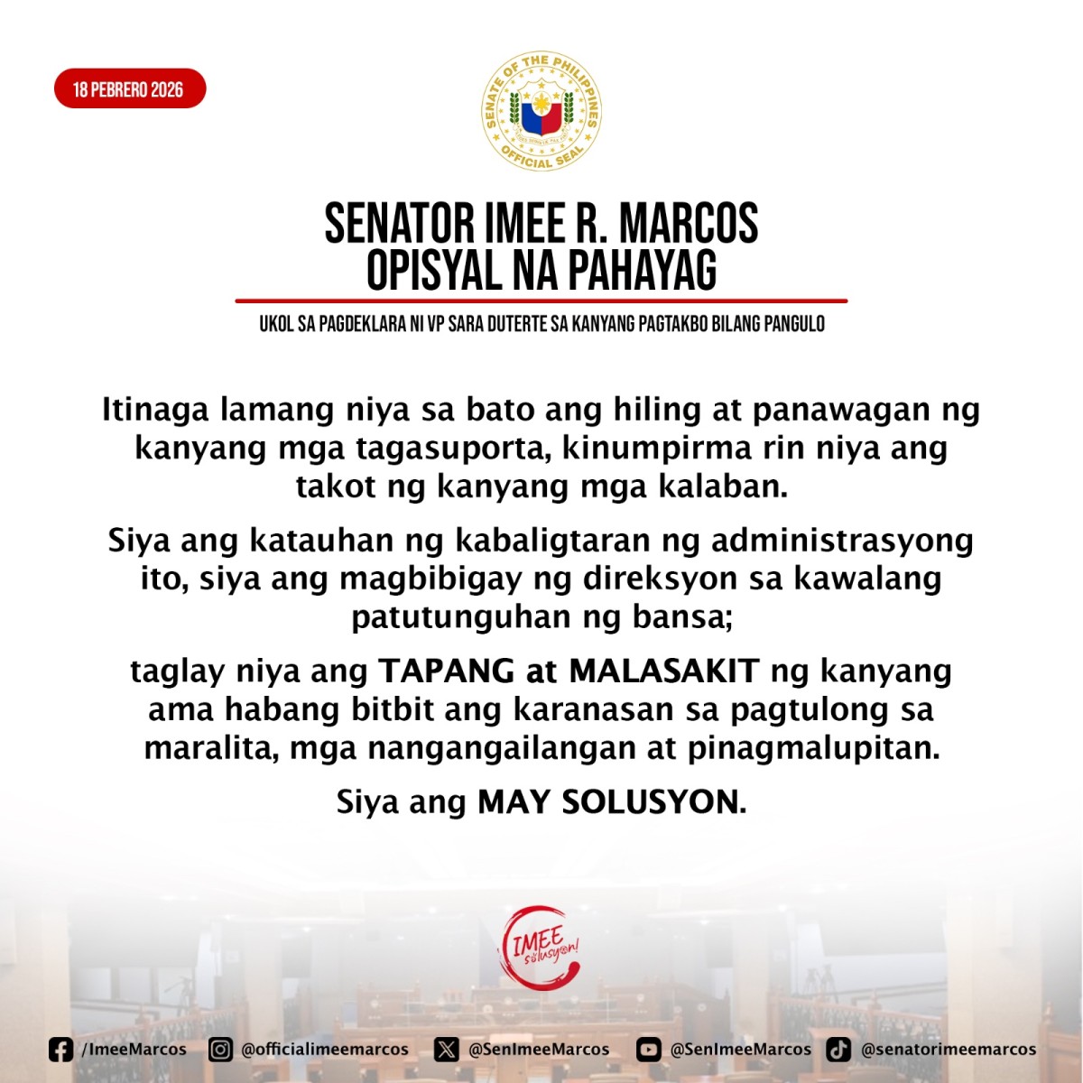 Photo courtesy: Sen. Imee Marcos (FB) 