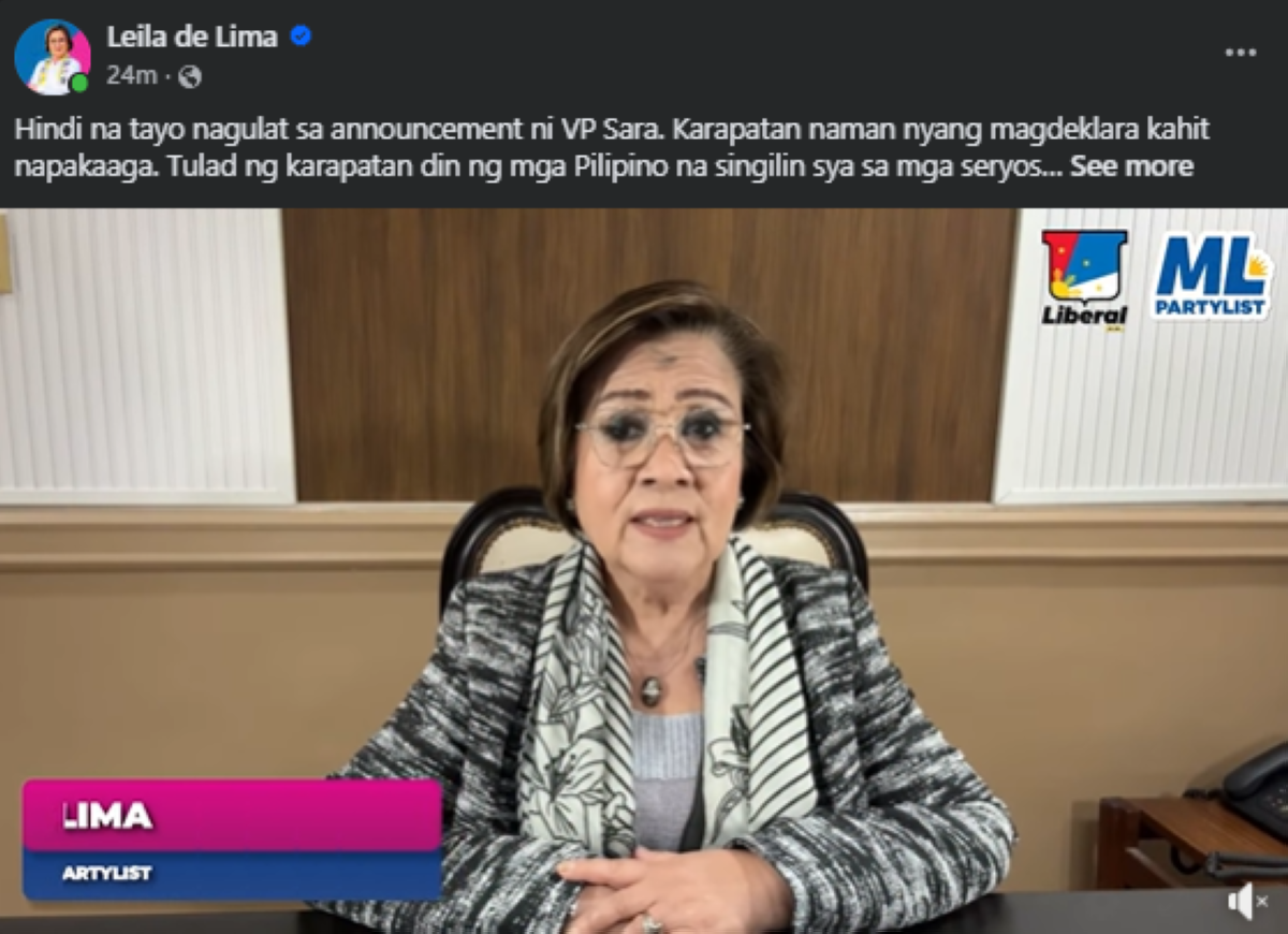 Screenshot mula sa FB post ni De Lima. 