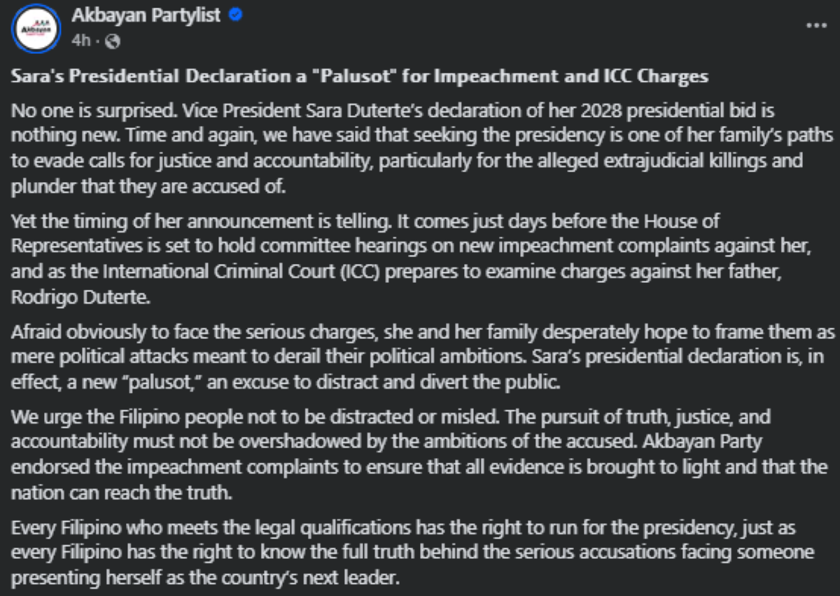Screenshot mula sa FB post ng Akbayan Partylist. 