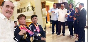 MASAYANG naki-groupie si PSC Commissioner Ramos Fernandez kina Asian ParaGames gold medalist Ernie Gawilan at Arthus Bucay, habang nakiporma sa pamosong ‘Duterte fist’ sina (kanan) Chairman William ‘Butch’ Ramirez at Executive Secretary Salvador Medialdea kasama si YOG gold medal winner Christian Tio.