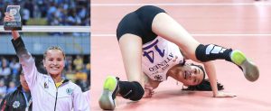   BALINTONG! Napatambling ang player ng Ateneo sa paghahangad na ma-saved ang bola pabalik sa karibal na UST sa Game 2 ng UAAP women’s volleyball championship, habang masayang ibinida ni Sisi Rondina ng UST (kanan) ang MVP trophy. (RIO DELUVIO)