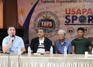 NILINAW ni Games and Amusement Board (GAB) ang ilang isyu na kinakaharap ng ahensiya sa bagong taon, habang matamang nakikinig (mula sa kanan) sina dating two-division world champion Luisito Espinosa, Erbito Salavaria at TOPS president Ed Andaya sa ginanap na TOPS ‘Usapang Sports’ nitong Huwebes sa National Press Club.