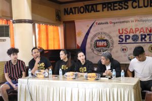 NAKATUON sa kabataang Pinoy ang MDC3x3 tournament na pinangangasiwaan nina (mula sa kaliwa) coach Goy Bagares, Alaine De Leon at Jessica Diaz-Clemente sa kanilang pagbisita sa TOPS ‘Usapang Sports sa National Press Club